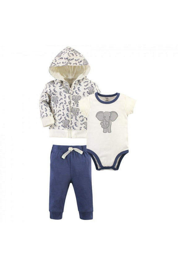 Baby and Toddler Unisex Organic Cotton Hoodie, Bodysuit or Tee Top, and Pant, Print Elephant, 18-24 Months