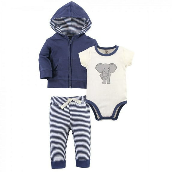 Touched by Nature Baby and Toddler Unisex Organic Cotton Hoodie, Bodysuit or Tee Top, and Pant, Stripe Elephant, 9-12 Months