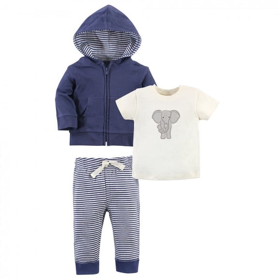 Touched by Nature Baby and Toddler Unisex Organic Cotton Hoodie, Bodysuit or Tee Top, and Pant, Stripe Elephant Toddler, 4 Toddler
