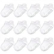 Touched by Nature Baby and Toddler Unisex Organic Cotton Socks with Non-Skid Gripper for Fall Resistance, White No-Show, 6-12 Months