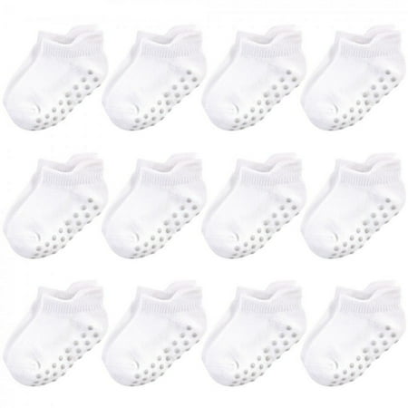 Touched by Nature Baby and Toddler Unisex Organic Cotton Socks with Non-Skid Gripper for Fall Resistance, White No-Show, 6-12 Months