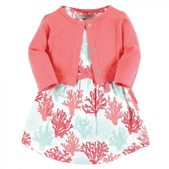Touched by Nature Girls Infant, Toddler, and Kids Organic Cotton Dress and Cardigan, Coral Reef, 9-12 Months