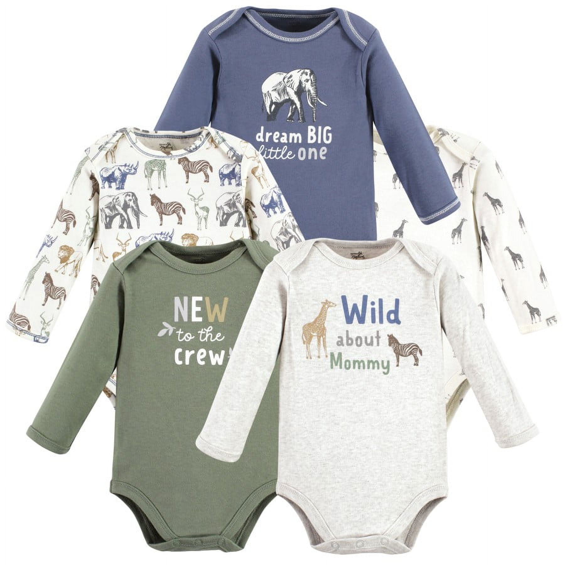 Touched by Nature Infant Boy Organic Cotton Long-Sleeve Bodysuits, Boy Safari, 0-3 Months