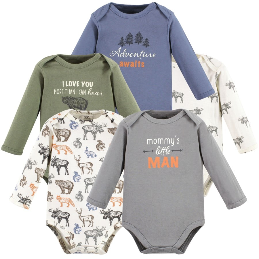 Touched by Nature Infant Boy Organic Cotton Long-Sleeve Bodysuits, Boy Woodland, 9-12 Months