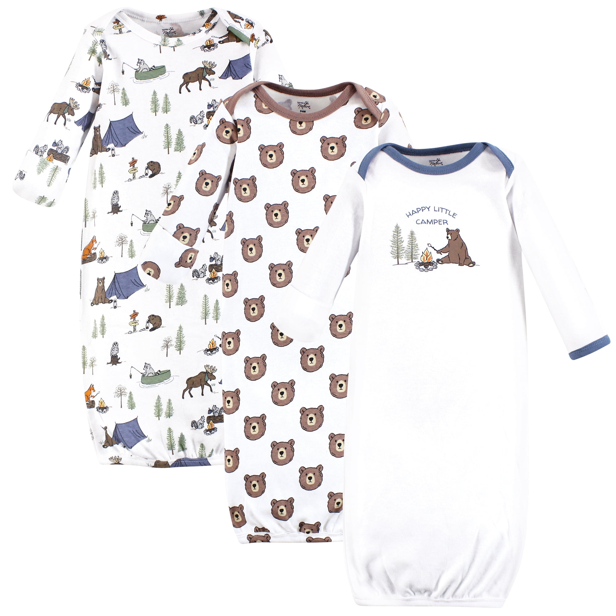 Touched by Nature Infant Boys Organic Cotton Gowns, Camping Animals, Preemie-Newborn
