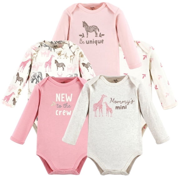 Touched by Nature Infant Girl Organic Cotton Long-Sleeve Bodysuits, Girl Safari, 6-9 Months