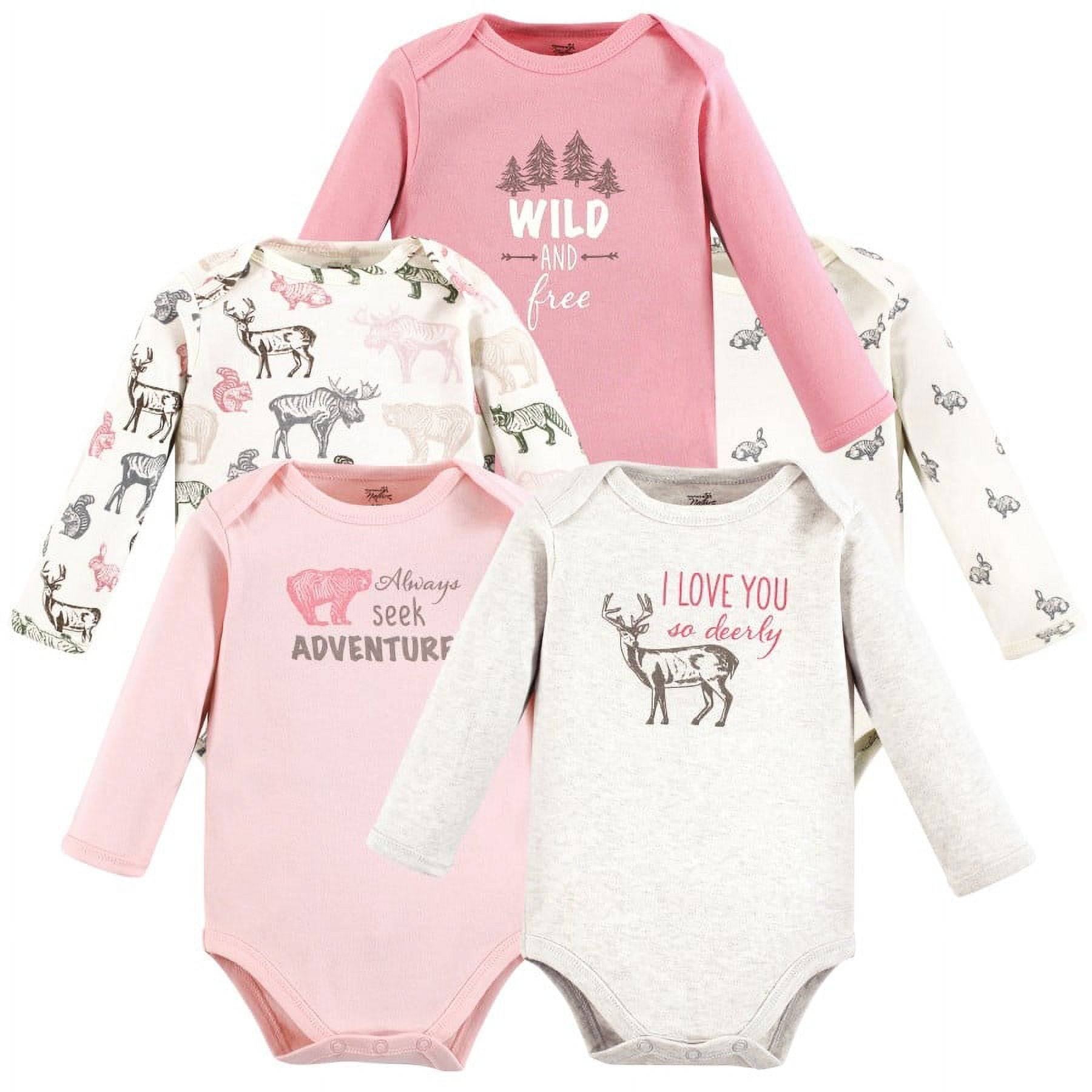 Touched by Nature Infant Girl Organic Cotton Long-Sleeve Bodysuits, Girl Woodland, 9-12 Months