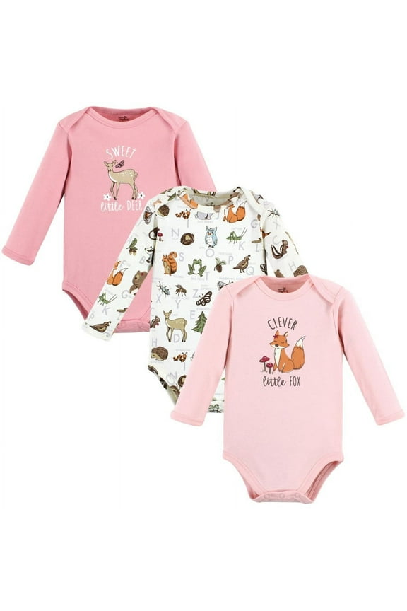 Infant Girl Organic Cotton Long-Sleeve Bodysuits, Girl Woodland Alphabet 3-Pack, 0-3 Months