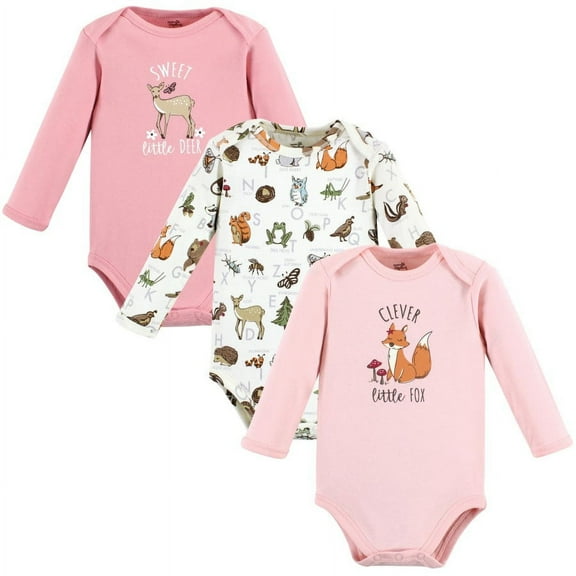 Touched by Nature Infant Girl Organic Cotton Long-Sleeve Bodysuits, Girl Woodland Alphabet 3-Pack, 18-24 Months