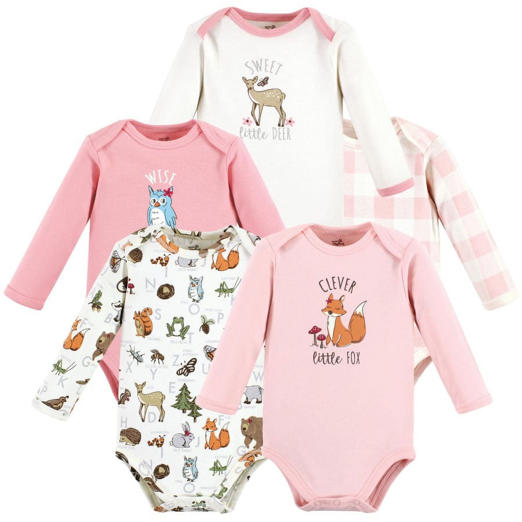 Touched by Nature Infant Girl Organic Cotton Long-Sleeve Bodysuits, Girl Woodland Alphabet 5-Pack, 0-3 Months