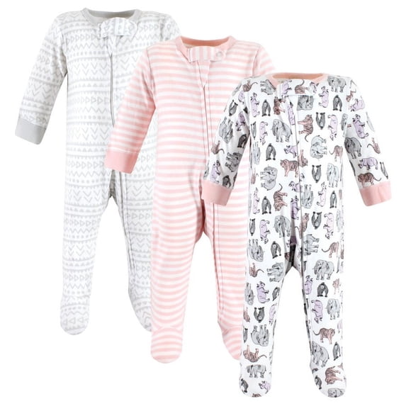 Touched by Nature Infant Girl Organic Cotton Sleep and Play, Girl Endangered Safari, 0-3 Months