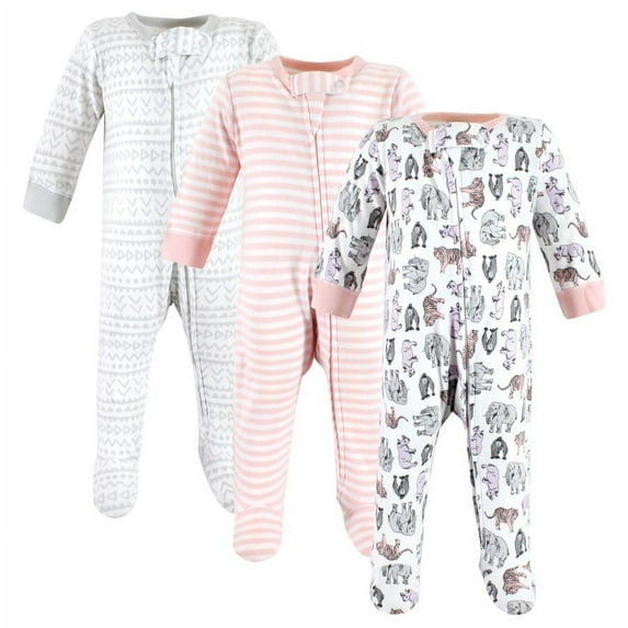Touched by Nature Infant Girl Organic Cotton Sleep and Play, Girl Endangered Safari, 3-6 Months