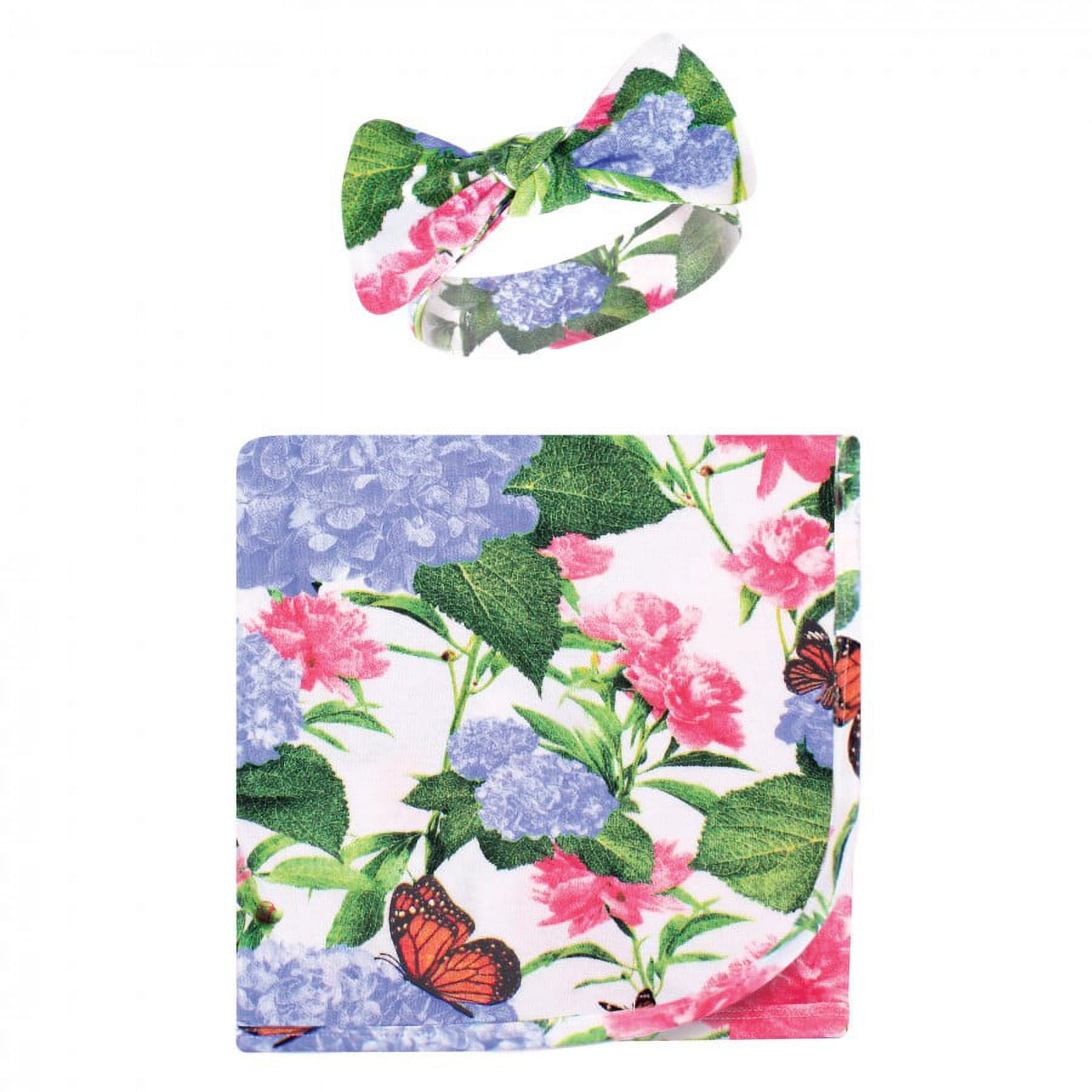 Touched by Nature Infant Girl Organic Cotton Swaddle Blanket and Headband, Hydrangea Monarch, 0-6 Months