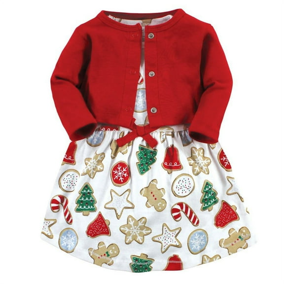 Touched by Nature Infant and Toddler Girl Organic Cotton Dress and Cardigan, Christmas Cookies, 9-12 Months