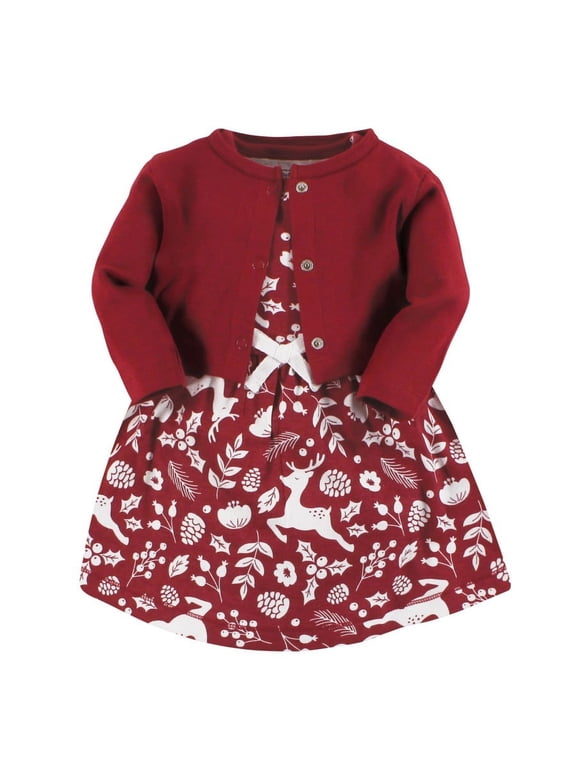 Infant and Toddler Girl Organic Cotton Dress and Cardigan, Red Winter Folk, 18-24 Months