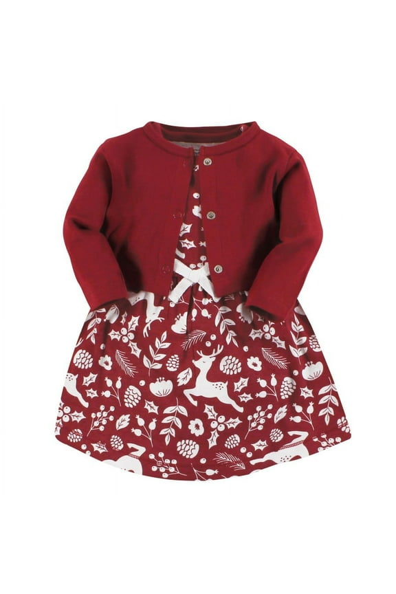 Infant and Toddler Girl Organic Cotton Dress and Cardigan, Red Winter Folk, 6-9 Months
