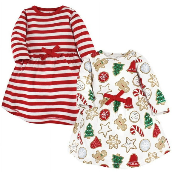 Touched by Nature Infant and Toddler Girl Organic Cotton Long-Sleeve Dresses, Christmas Cookies, 2 Toddler
