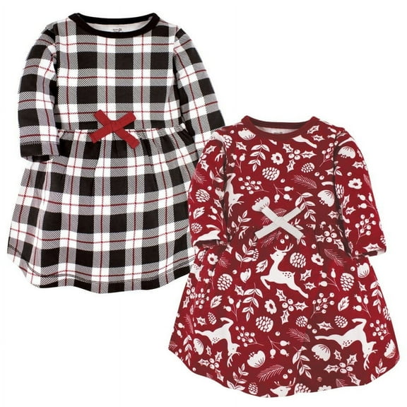 Touched by Nature Infant and Toddler Girl Organic Cotton Long-Sleeve Dresses, Red Winter Folk, 0-3 Months