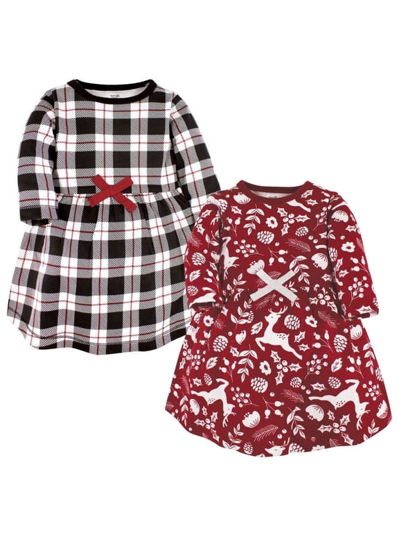 Infant and Toddler Girl Organic Cotton Long-Sleeve Dresses, Red Winter Folk, 3 Toddler