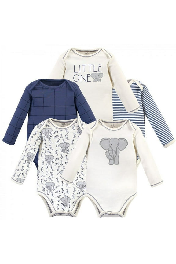 Organic Cotton Long-Sleeve Bodysuits 5pk, Blue Elephant, 12-18 Months