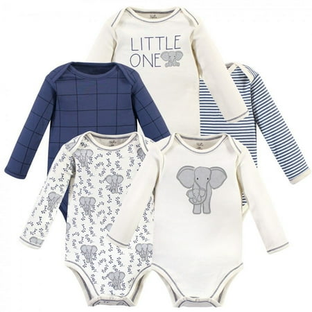 Touched by Nature Organic Cotton Long-Sleeve Bodysuits 5pk, Blue Elephant, Preemie