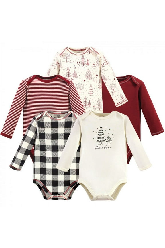 Organic Cotton Long-Sleeve Bodysuits 5pk, Winter Woodland, 0-3 Months