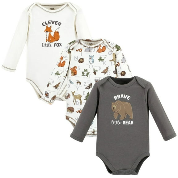 Touched by Nature Organic Cotton Long-Sleeve Bodysuits, Boy Woodland Alphabet 3-Pack, 0-3 Months