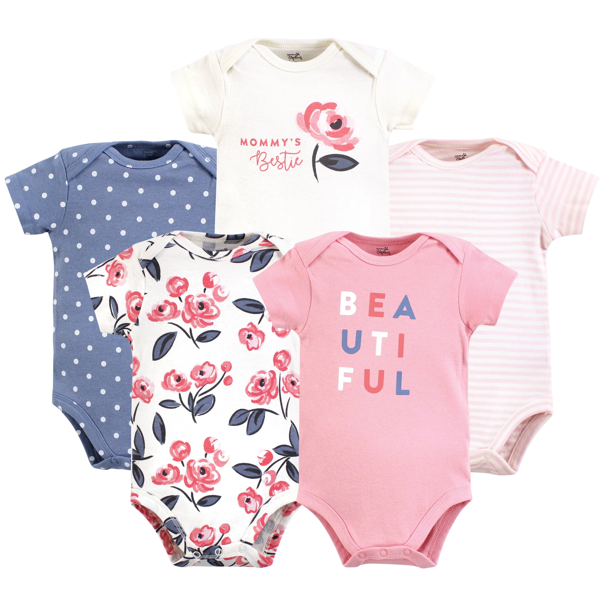 Touched by Nature Unisex Baby Organic Cotton Bodysuits, Bubblegum Floral, 12-18 Months