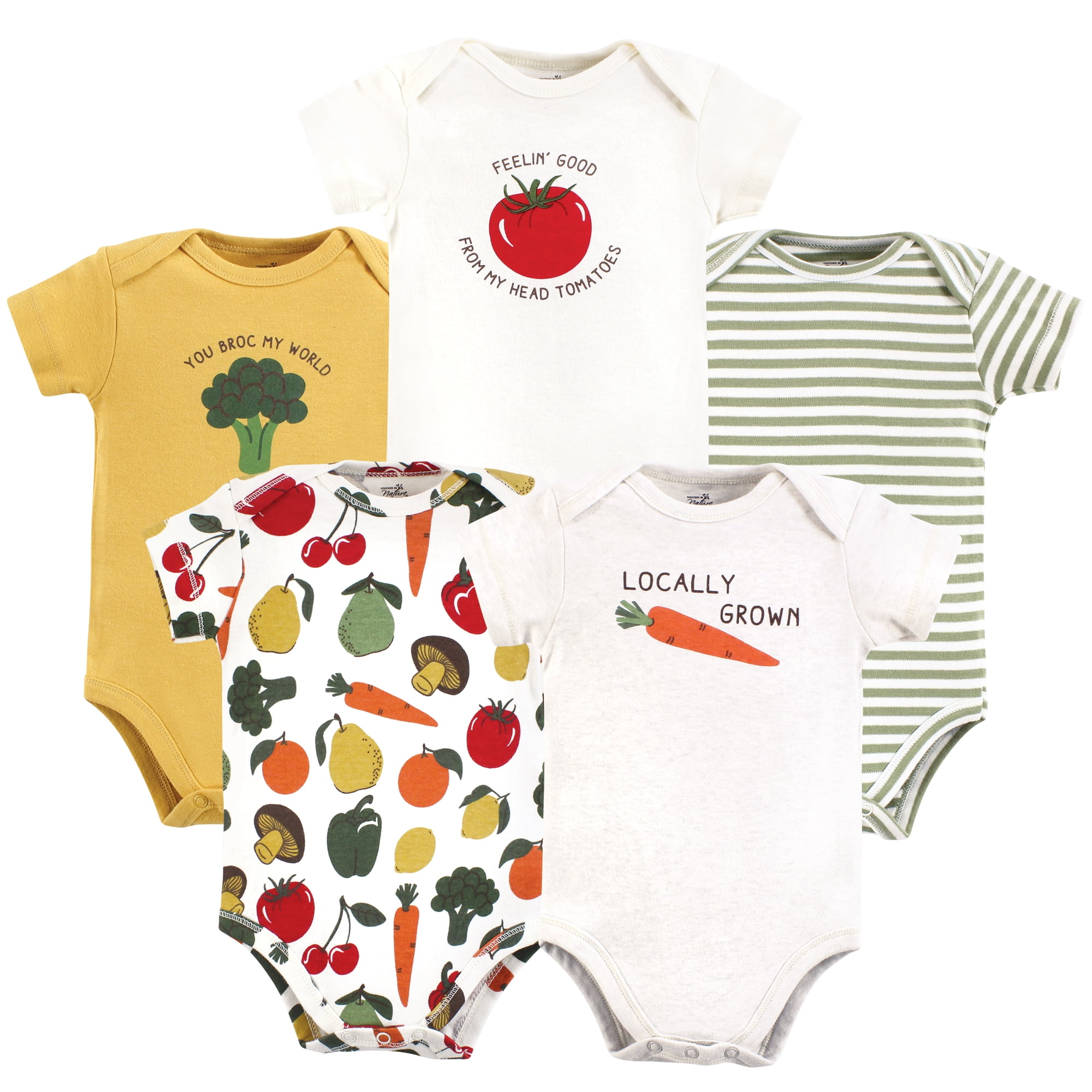 Touched by Nature Unisex Baby Organic Cotton Bodysuits, Happy Veggies, Newborn