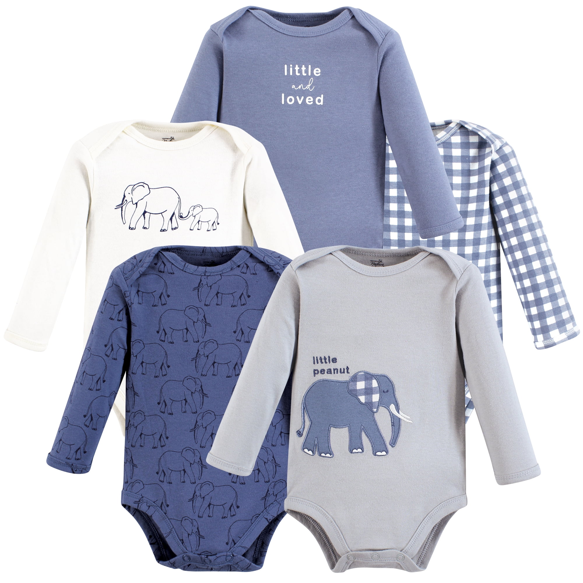 Touched by Nature Unisex Baby Organic Cotton Long-Sleeve Bodysuits, Blue Peanut, 18-24 Months