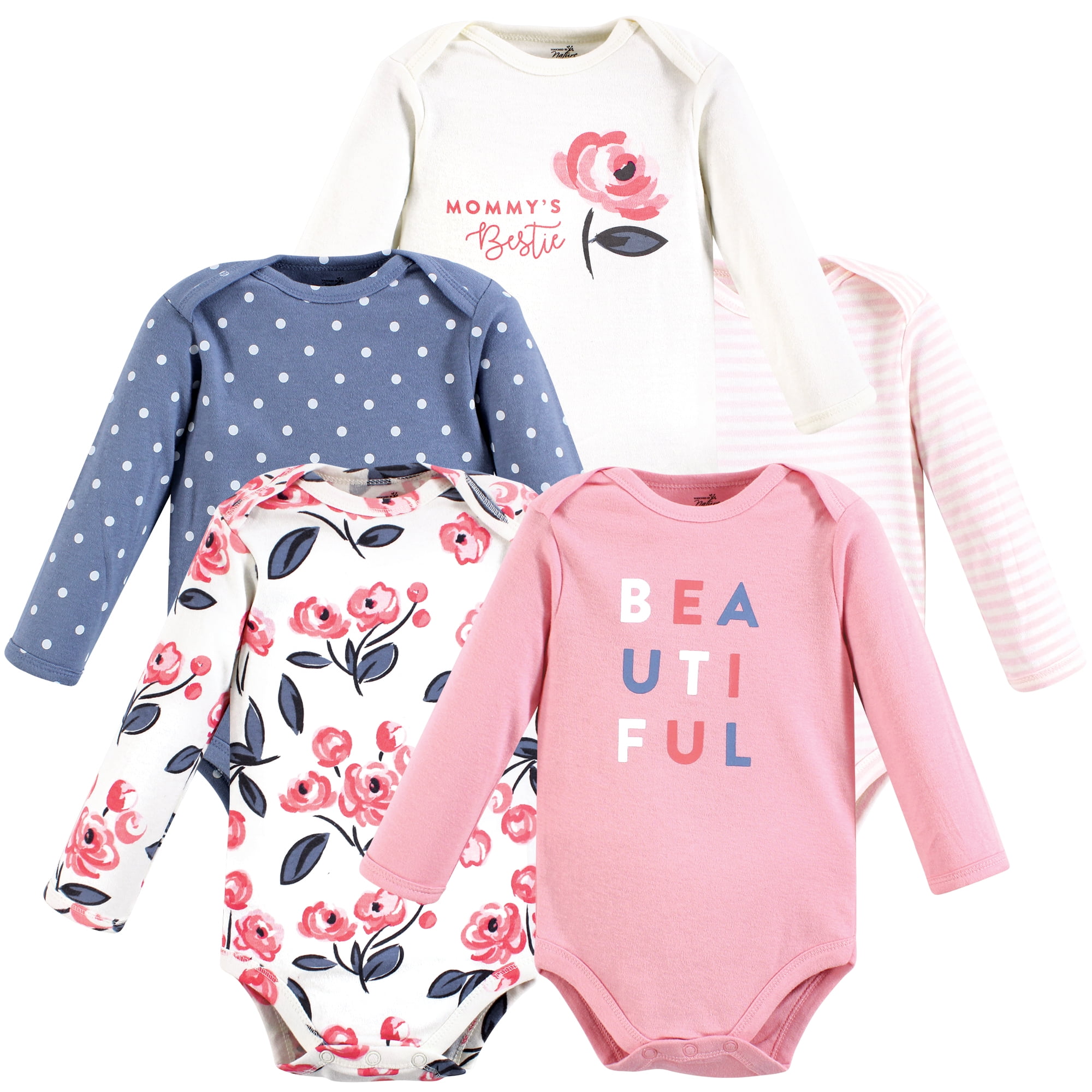 Touched by Nature Unisex Baby Organic Cotton Long-Sleeve Bodysuits, Bubblegum Floral, 18-24 Months