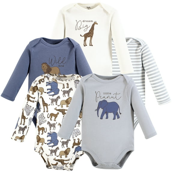 Touched by Nature Unisex Baby Organic Cotton Long-Sleeve Bodysuits, Classic Safari, 12-18 Months