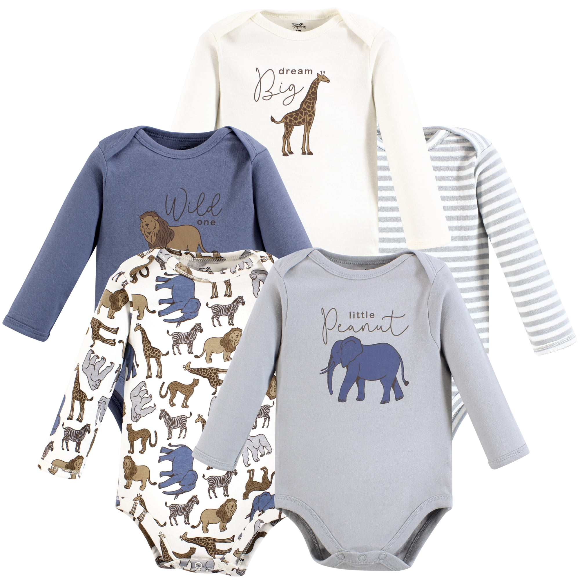 Touched by Nature Unisex Baby Organic Cotton Long-Sleeve Bodysuits, Classic Safari, 18-24 Months
