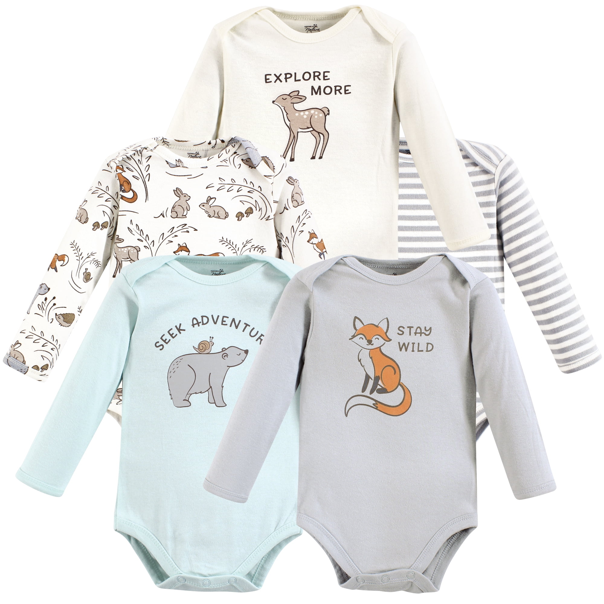 Touched by Nature Unisex Baby Organic Cotton Long-Sleeve Bodysuits, Dreamy Woodland, 18-24 Months