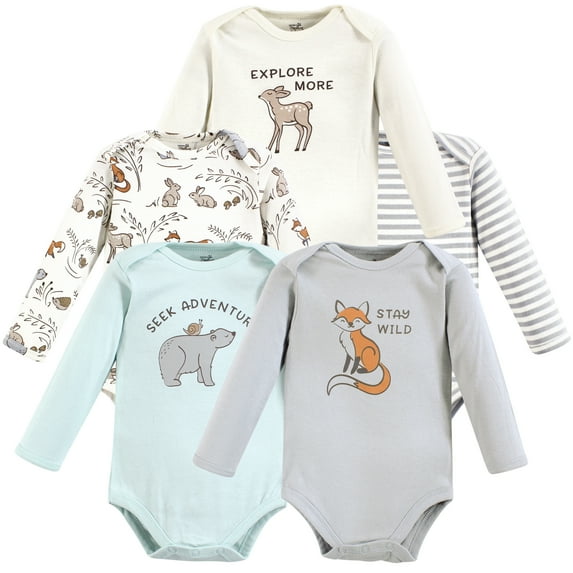 Touched by Nature Unisex Baby Organic Cotton Long-Sleeve Bodysuits, Dreamy Woodland, 6-9 Months