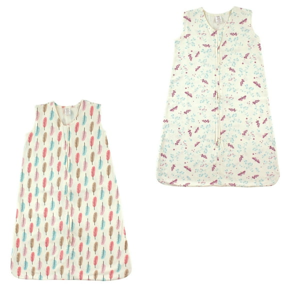 Touched by Nature Unisex Baby Organic Cotton Sleeveless Wearable Sleeping Bag, Sack, Blanket, Botanical Flutter And Feathers 2-Pack, 0-6 Months