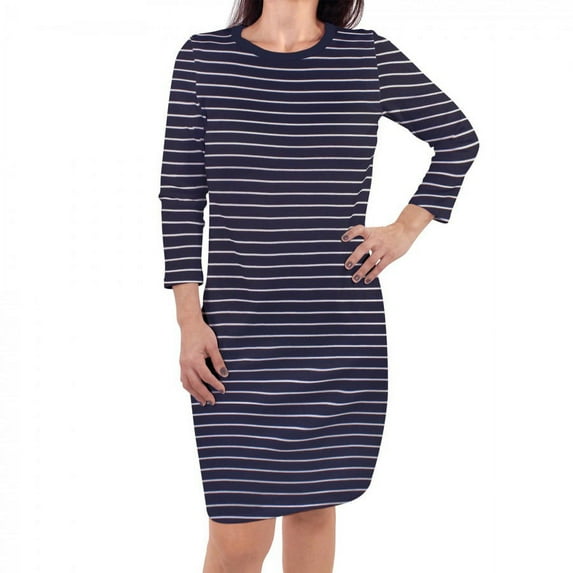 Touched by Nature Womens Organic Cotton Long-Sleeve Dress, Navy Stripe, Large