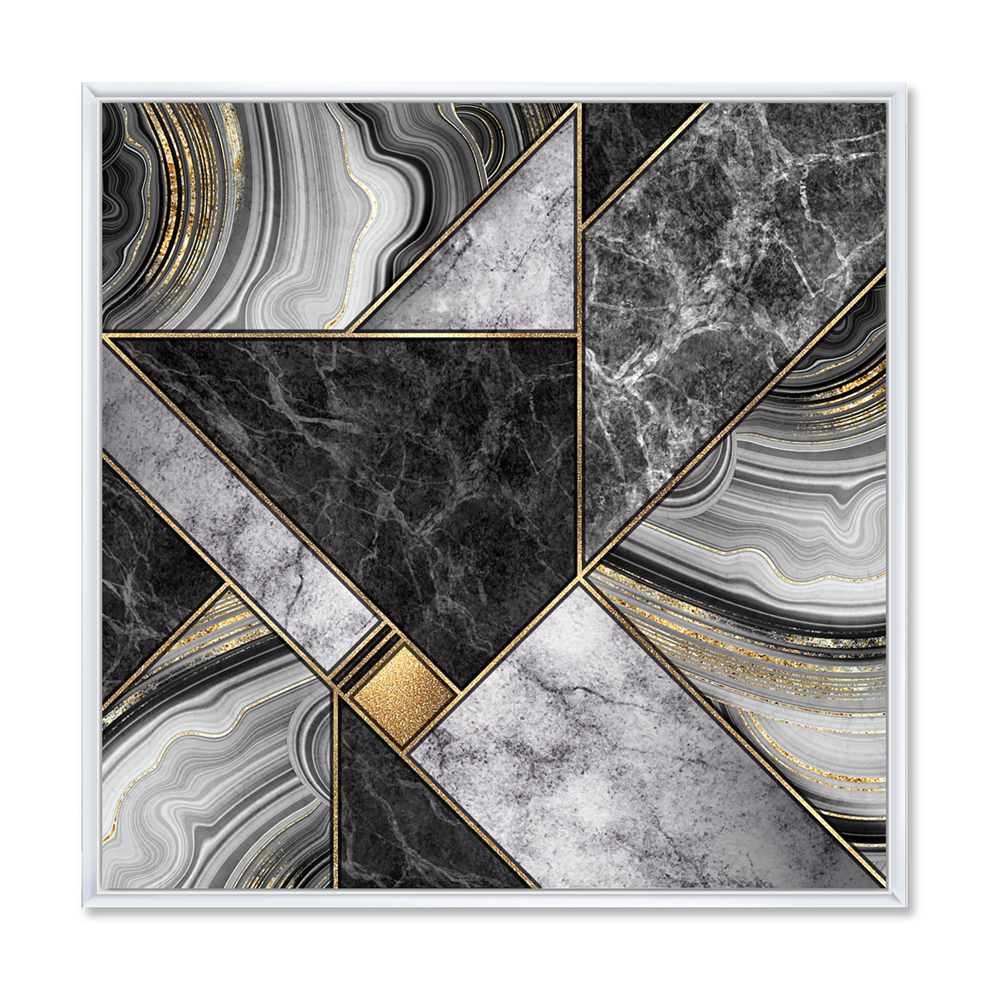 Touches Of Gold With Marble Granite Agate 16 in x 16 in Framed Painting Canvas Art Print, by Designart