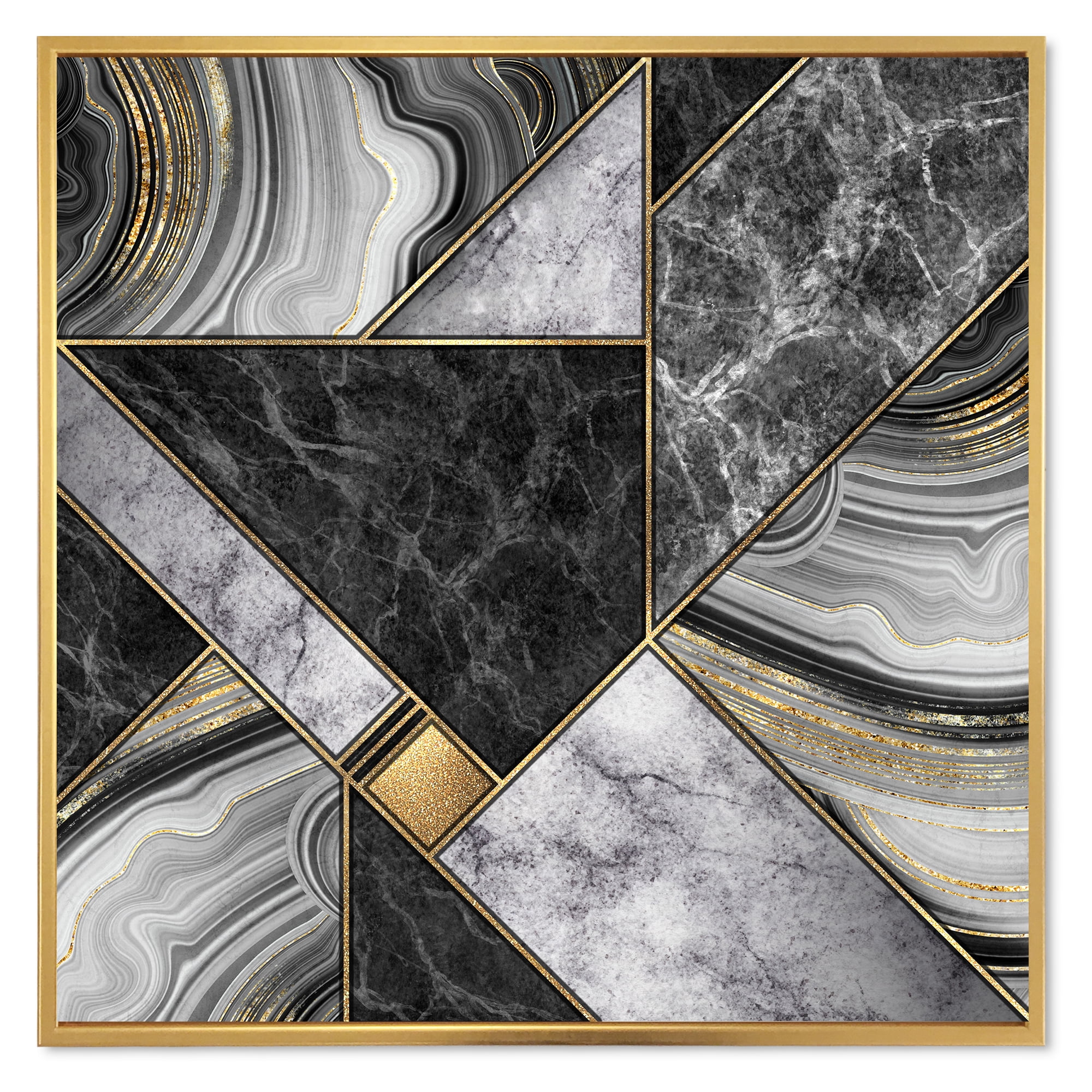 Touches Of Gold With Marble Granite Agate 36 in x 36 in Framed Painting Canvas Art Print, by Designart
