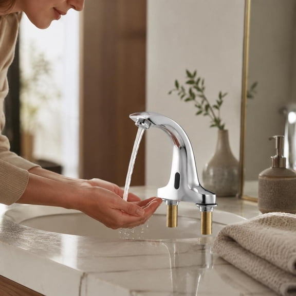 Touchless Bathroom Sink Faucet, Automatic Motion Sensor, Battery Operated, Brass Construction, Chrome Plated Silver Finish