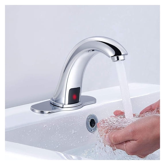 Touchless Bathroom Sink Faucet with Deck Plate, Automatic Sensor Tap - Hot & Cold Water Mixer, Hands-Free Vanity Faucet