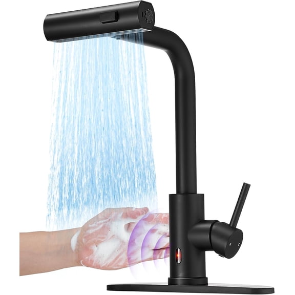 Touchless Black Kitchen Faucets with Pull Down Sprayer,Waterfall Kitchen Sink Faucet,Commercial Utility Stainless Steel Kitchen Faucets,Single Handle Kitchen Sink Faucet for 3 Function