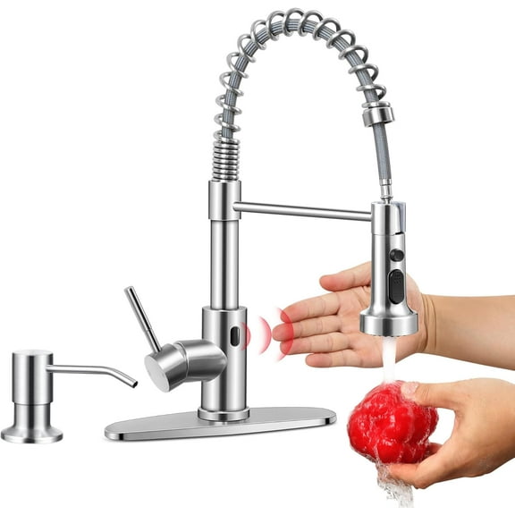 Touchless Kitchen Faucet with Soap Dispenser, Brushed Nickel Stainless Steel Smart Automatic Motion Sensor Spring Kitchen Sink Faucets with Pull Down Sprayer for Vanity Laundry RV