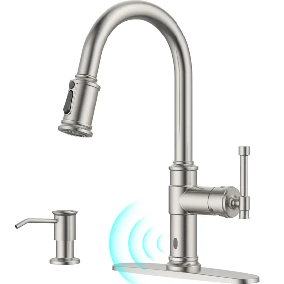 Touchless Kitchen Sink Faucet with Soap Dispenser Brushed Nickel, DAYONE Smart Motion Sensor Hands Free Faucet Kitchen with 3-Function Sprayer for Single/ 3-Hole Sink, DAY136TL-BN