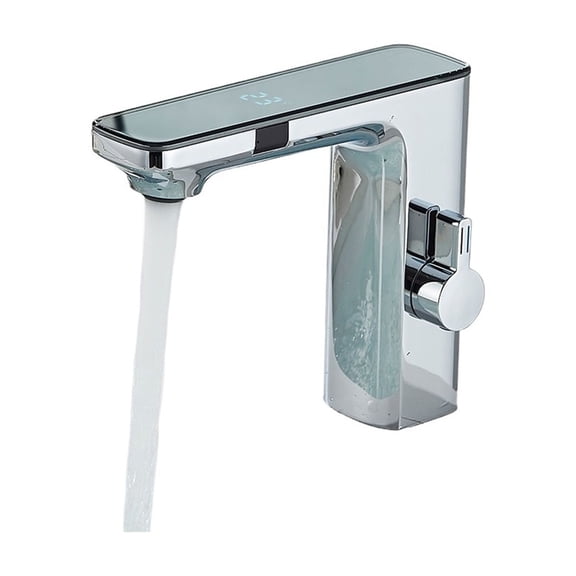 Touchless Sensor Basin Faucet, Brass Smart Digital Display Bathroom Sink Faucet, Grey Sense Hot Cold Water Mixer Tap Battery Power