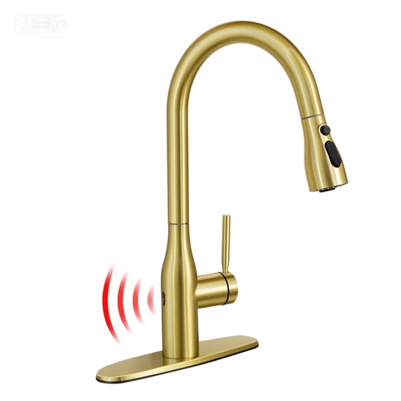SUNRINX High Arc Kitchen Faucets With Pull Down Sprayer, Stainless Steel Sink Faucet, Brushed Gold, Non-Contact Sensor, 2 Water Flow Modes