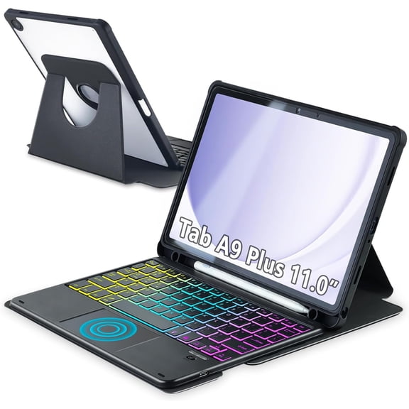 Touchpad Keyboard Case for Samsung Galaxy Tab A9 Plus 11 inch, 360 Degree Rotating Cover with Color Backlight Magnetic Removable Keyboard