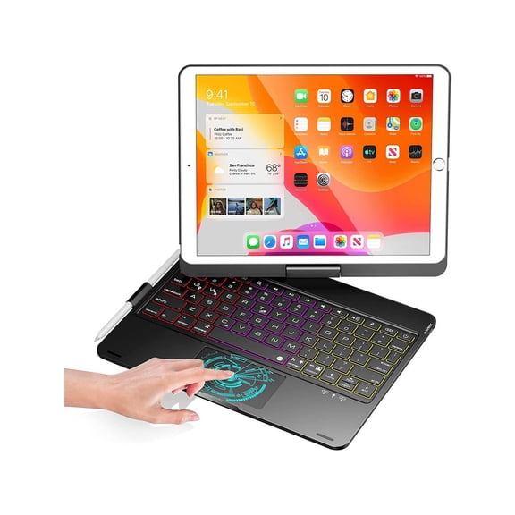 Touchpad Keyboard case for 10.2 inch iPad 9th Gen 2021/ 8th Gen 2020/ 7th Gen 2019 and iPad Air 3 / Pro 10.5, Rotatable Backlit Keyboard with Pencil Holder