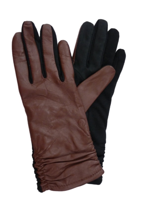 Womens Ruched Brown Leather Tech & Text Smart Gloves S/M