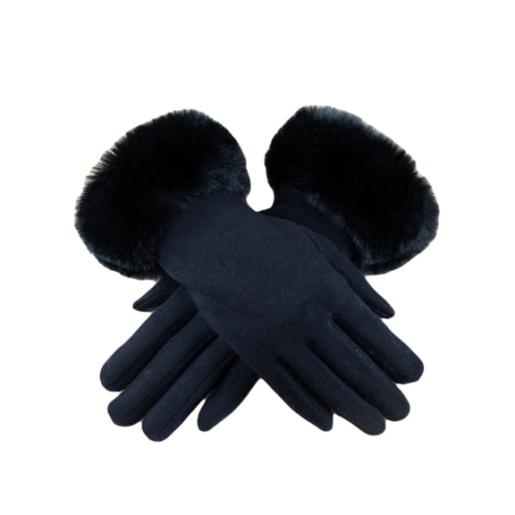 Touchscreen-Compatible Black Knit Gloves with Fuzzy Faux Fur Detail - Stylish Winter Tech Accessory for Her